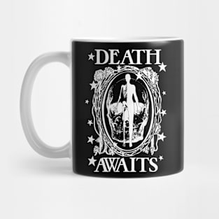 Death Awaits Spooky Goth Mirror Skeleton Halloween Black White Mug